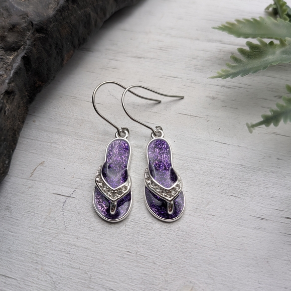 Handmade Jewelry - Silver-Tone Purple Glitter Flip Flop Drop Earrings